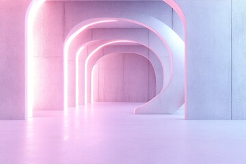 Poster - A luxurious environment features smooth curved concrete structures bathed in soft pastel light. The surreal atmosphere provides ample space for creativity and expression
