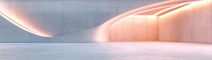 Poster - This setting features a luxury concrete backdrop showcasing smooth, curved brutalist structures bathed in soft pastel light beams