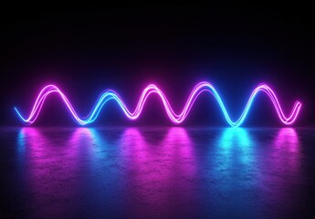 Poster - Vibrant Neon Waves Emitting Light in Purple and Blue Colors on a Dark Surface with Reflections, Creating a Futuristic and Energetic Atmosphere