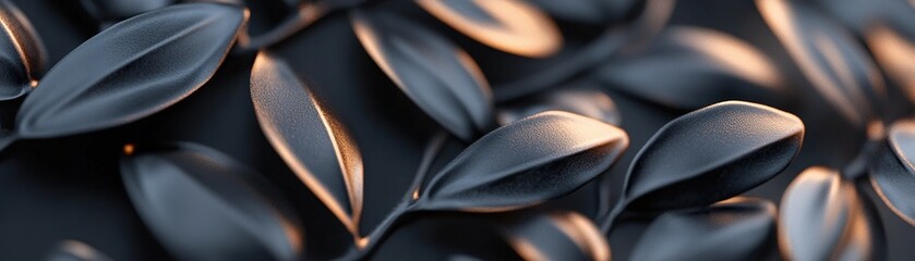 Poster - Delicate chrome-tinted leaves create a luxurious aesthetic on a black botanical background. The rich textures and ambient light provide an elegant space for text or design elements