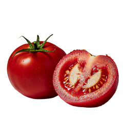 Poster - On a white background, a tomato that is fully ripe is presented cut in half for viewing