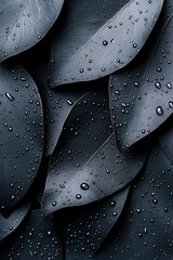 Poster - Deep black leaves glisten with dewdrops, reflecting soft light in a visually captivating display. The rich texture and depth create an elegant backdrop perfect for text placement