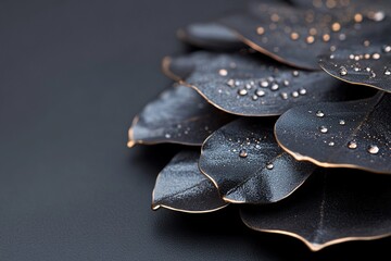 Poster - A striking black botanical background filled with glossy wet leaves adorned with glowing chrome dewdrops, creating a cinematic atmosphere perfect for text overlays