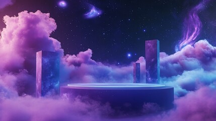 Wall Mural - neon-lit platform in a dreamy, cloudy, starry night sky.