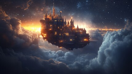 Wall Mural - magical castle floating amidst clouds at sunset, stars shining brightly.