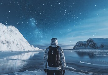 Wall Mural - person admiring starry night sky over frozen antarctic landscape.