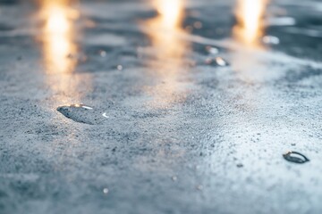 Poster - This high-end concrete surface showcases a reflective, wet texture adorned with glistening droplets and mist. Soft cinematic lighting enhances the luxurious ambiance with ample space for text