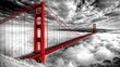 © RaNy - Red Golden Gate Bridge, clouds, black and white photography, red color pop, hyperrealistic, wide-angle