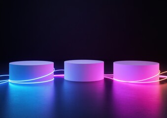 Poster - Abstract composition of illuminated circular platforms with vibrant neon light trails in a dark studio setting for modern design and technology themes