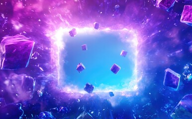 Poster - Abstract Cosmic Portal with Colorful Ice Cubes, Glowing Edges and Vibrant Background, Digital Art Effect in Purple and Blue Tones for Creative Projects