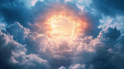stairway through the clouds leading to an open gate of heaven, photographic style