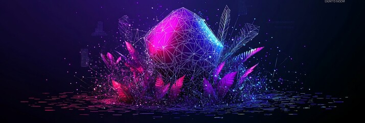 Wall Mural - abstract polygonal gem glowing in dark space with vibrant particles.