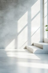 Poster - The setting features a high-end concrete background with soft reflections from frosted glass, creating a serene atmosphere. Natural light filters through, enhancing the minimalist design
