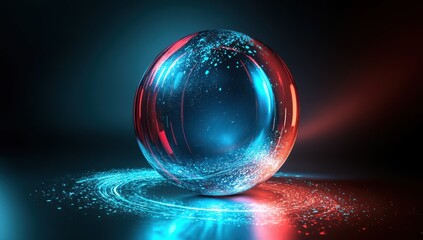 Poster - abstract digital sphere with vibrant red and blue light trails creating a mesmerizing glow in a dark