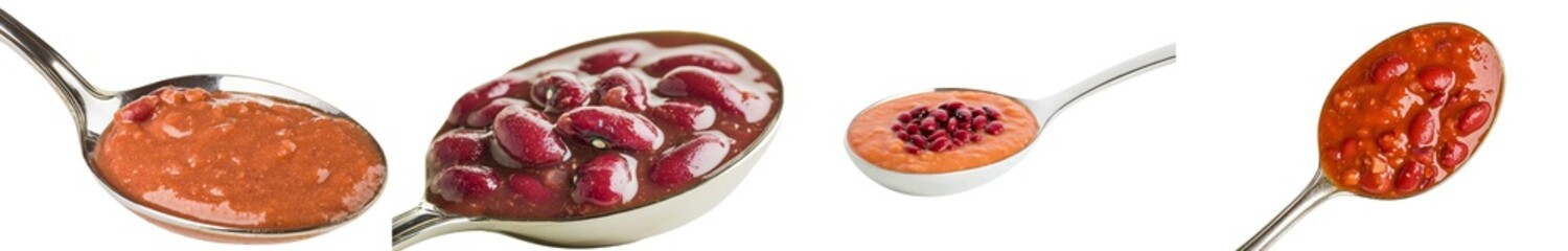 Poster - A wooden spoon accompanies a pile of cooked red beans, isolated on white