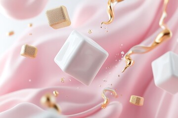 Poster - Floating shapes in soft pink, white, and gold create a luxurious background. This modern design features ample space for text, perfect for Women's Day messages and promotions