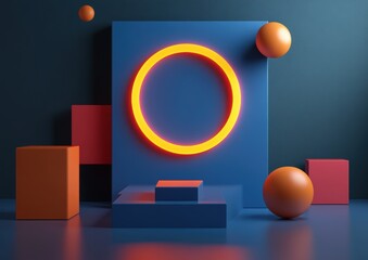 Poster - Abstract geometric composition with vibrant orange and blue shapes showcasing simple forms in a contemporary artistic arrangement for modern design needs