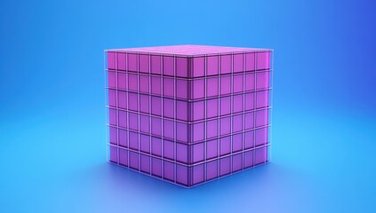 Poster - abstract geometric cube with a grid pattern in vibrant pink color against a gradient blue background