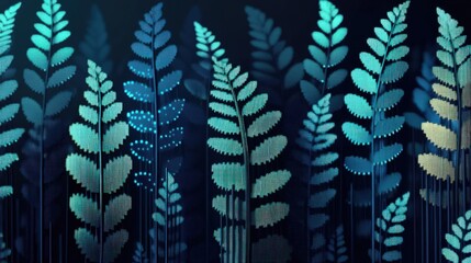 Poster - Digital Abstract Art of Stylized Leaves in Blue and Green with Textured Pattern on Dark Background