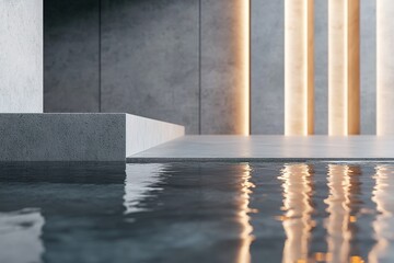 Poster - The space features a sleek concrete background complemented by a polished, water-drenched floor. Soft skylight reflections create an elegant ambiance with cinematic depth