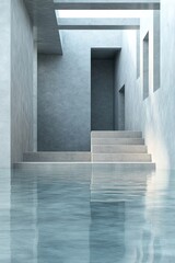Poster - This modern architectural design features a high-end concrete background and a polished water-drenched floor reflecting soft skylight, creating depth and ample space for creative text