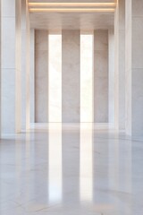 Poster - A contemporary environment features a high-end concrete backdrop and a sleek, water-drenched polished floor. Soft skylight reflections enhance the architectural depth, creating an elegant atmosphere