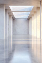 Poster - A modern high-end concrete space features a polished, water-drenched floor enhanced by soft skylight reflections. The architectural depth creates an elegant atmosphere with ample textual space