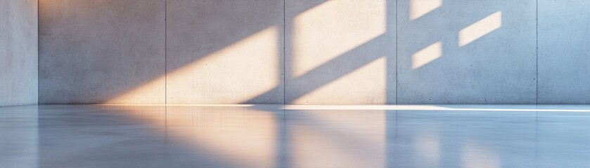 Poster - A spacious area featuring a sleek concrete background with a reflective, water-drenched floor. Soft skylight reflections create elegant highlights, adding depth and ambiance to the setting