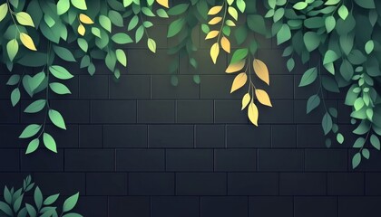 Poster - Green Leaves Over Dark Brick Wall Creating Natural Artistic Border Texture