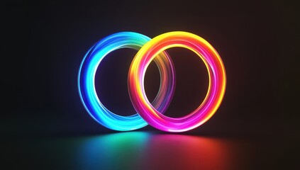 Poster - abstract luminous rings with vibrant blue and orange colors glowing against a dark background, creat