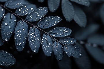 Poster - A sophisticated black botanical backdrop features delicate fern leaves adorned with shimmering chrome droplets. Soft lighting enhances the elegant depth and visual appeal