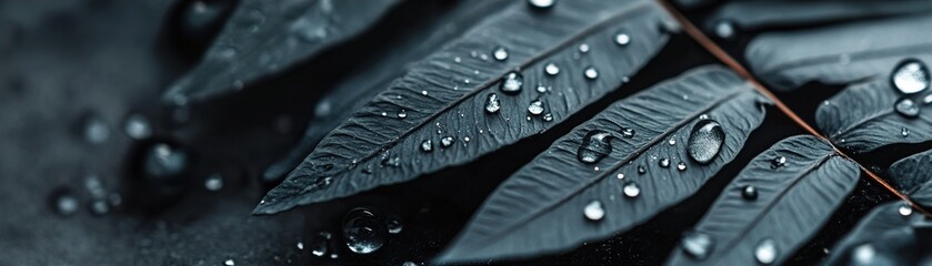 Poster - A sophisticated black botanical backdrop showcases monochrome fern leaves adorned with shimmering chrome water droplets. Soft diffused lighting creates an atmospheric depth, ideal for text placement