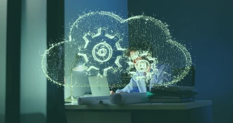 Poster - Cloud computing and data processing animation over person working at desk