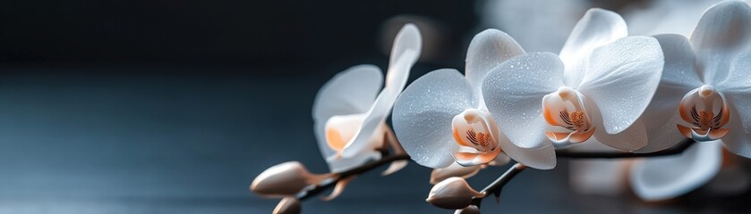 Poster - Refined minimalist black botanical background features elegant orchid silhouettes outlined in subtle metallic chrome. High-end moody lighting creates an ideal space for text and design enhancements