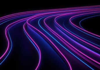 Poster - Abstract neon light trails in vibrant pink and blue colors creating a dynamic flowing pattern against a black background for artistic designs