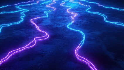 Poster - Abstract neon lines on dark surface creating a vibrant and dynamic visual effect with glowing illumination and intricate light patterns at night
