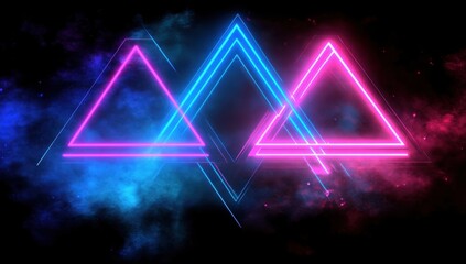 Poster - Abstract neon triangle patterns with glowing effects on a dark background representing modern digital art and vibrant color contrast