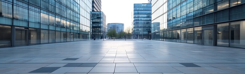 Poster - A city square scene featuring modern glass buildings, perfect for urban and architectural themes.