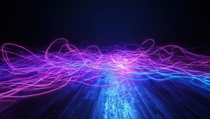 Fototapete - Abstract vibrant light trails creating a mesmerizing wave of colorful energy over a dark backdrop, perfect for creative backgrounds and technology concepts.