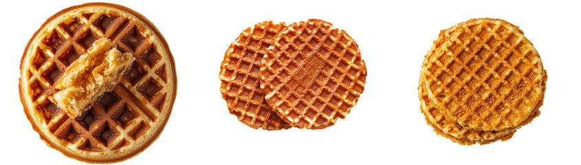 Poster - From above, a Dutch round waffle with honey is isolated on a plain white background