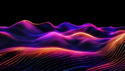 Poster - abstract vibrant waves with colorful neon lights in a digital landscape formation on a black backgro