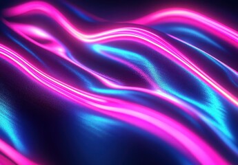 Poster - Abstract wave patterns with vibrant pink and blue neon glow creating a dynamic fluid energy on a dark background for modern design projects