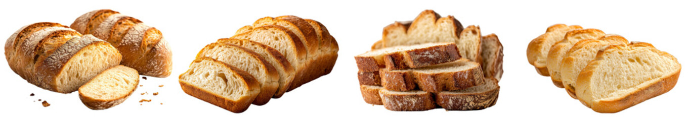 Poster - On a white background, a collection of wholemeal crackers, a pile of bread rusks, and individual toast slices are isolated
