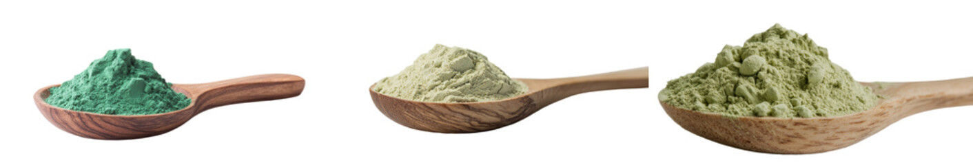 Poster - On a white background, a wooden spoon and texture are shown with a pile of organic wheat grass powder