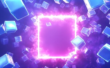 Fototapete - Bright Neon Frame Surrounded by Shimmering Ice Cubes with Abstract Background in Purple and Blue Hues for Dynamic Visual Presentations