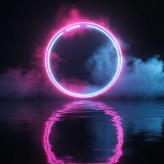 Poster - circular neon light ring reflected over calm water surface with colorful fog and smoke effect in dar
