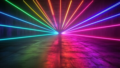 Poster - Colorful Abstract Laser Beams in Dark Room Creating Dynamic Light Patterns on the Floor for Artistic and Modern Backgrounds