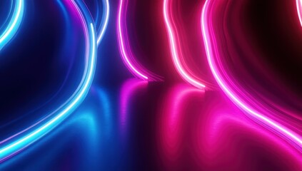 Poster - Colorful abstract light trails in vibrant blue and pink hues illuminating a dark reflective surface for modern digital backgrounds and creative projects