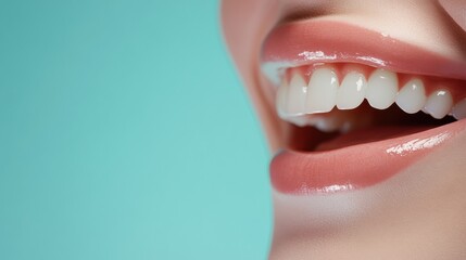 Poster - Smiling mouth with bright white teeth showcases recent dental check up on soft pastel background Generative AI