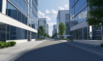 Poster - A modern city street showcasing sleek office buildings in an urban setting.